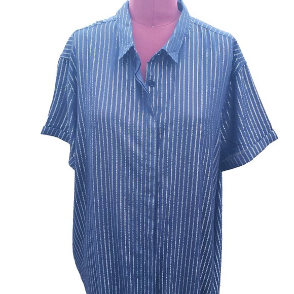 Wild Fang Empower Shirt Dress Navy Lurex Stripe Short Sleeve Collar Xlarge - Picture 3 of 7